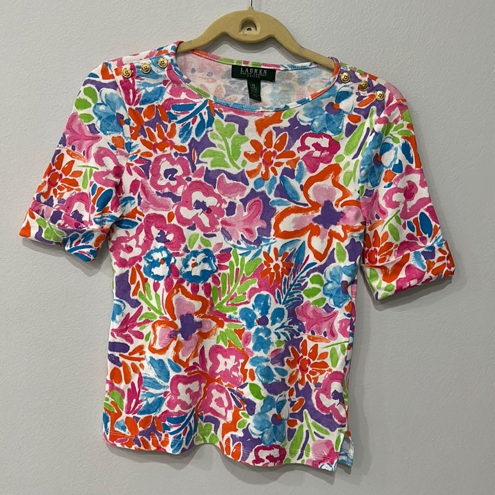 Ralph Lauren Bold Vibrant Floral Short Sleeve Button Shoulder Top Size PS